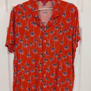 Mens Guess Red Orange Palm Tree Hawaiian Button Up Shirt L